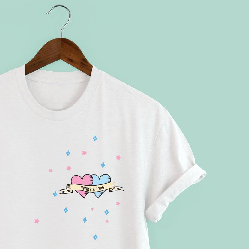 Squiffy Print personalised tattoo t-shirt blue & pink hearts