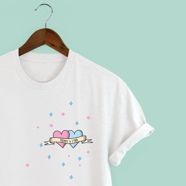 Squiffy Print personalised tattoo t-shirt blue & pink hearts