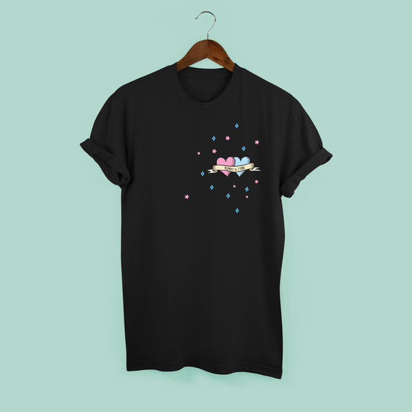 Squiffy Print personalised tattoo t-shirt blue & pink hearts