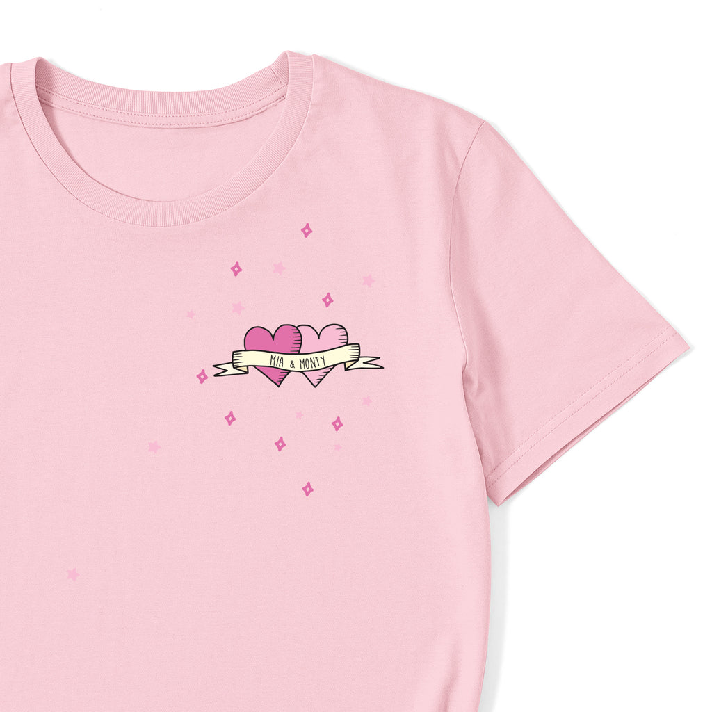 Squiffy Print pink tattoo hearts on pink t-shirt