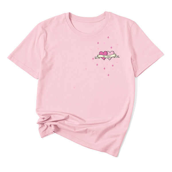 Squiffy Print pink tattoo hearts on pink t-shirt