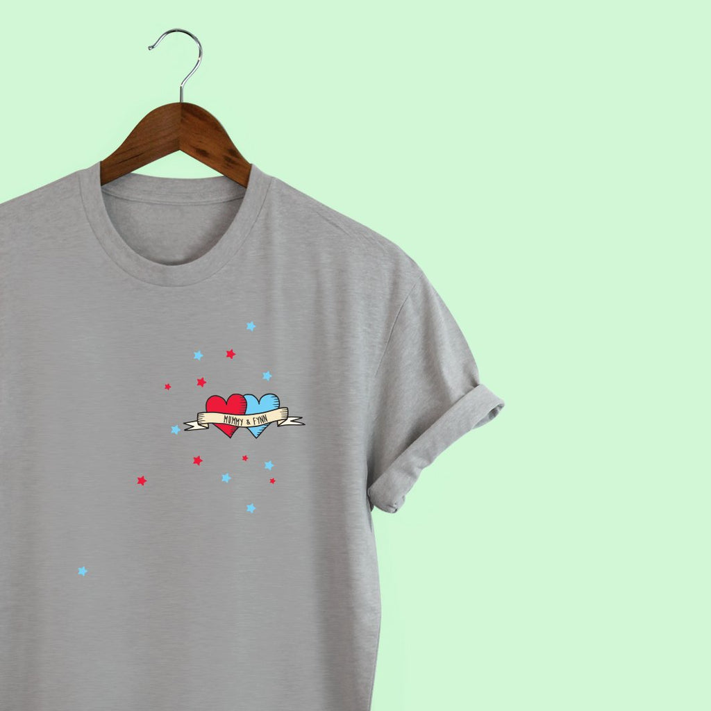 Personalised Tattoo t-shirt with Blue/Red Hearts & Stars