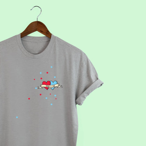 Personalised Tattoo t-shirt with Blue/Red Hearts & Stars
